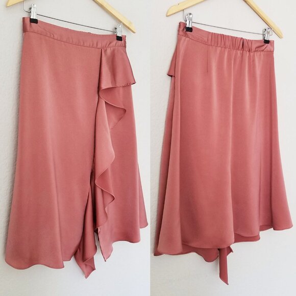 Zara Sateen Silk Satin Asymmetric Ruffle Midi Skirt Mauve Pink Size M Romantic - Picture 11 of 15